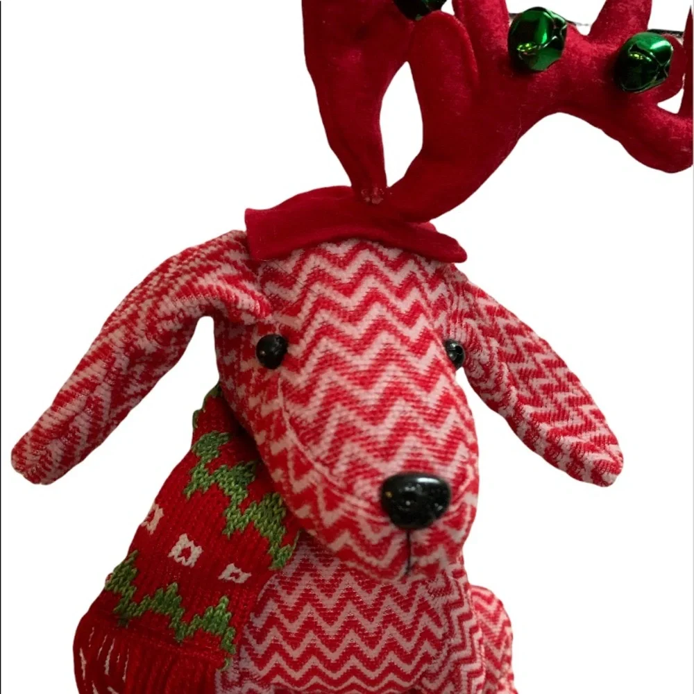 Holiday Knit Dog with Antlers And Scarf Sitting Christmas Doorstop Decor Chevron